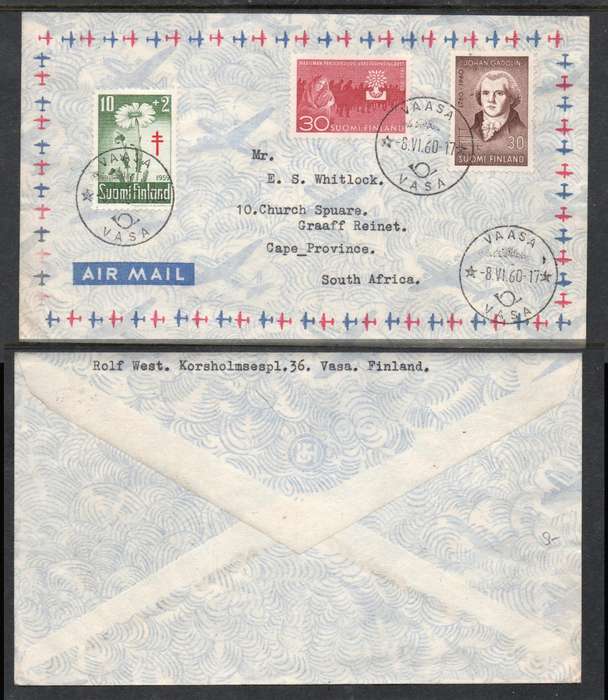 Finland, airmail, 3 colour franking 70 peni, VAASA 8 VI 60 cds > South Africa