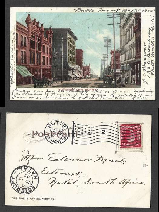 USA Main St. Butte Montana, 2c,  BUTTE MONTANA  2  OC 12 1905 >ESCOURT NATAL NO 17 05