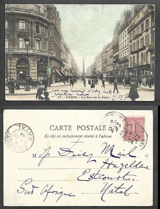 France, Rue de la Paix, Paris, used 10c, PARIS 20 JUIN 04 cds > ESTCOURT NATAL JY 15 04