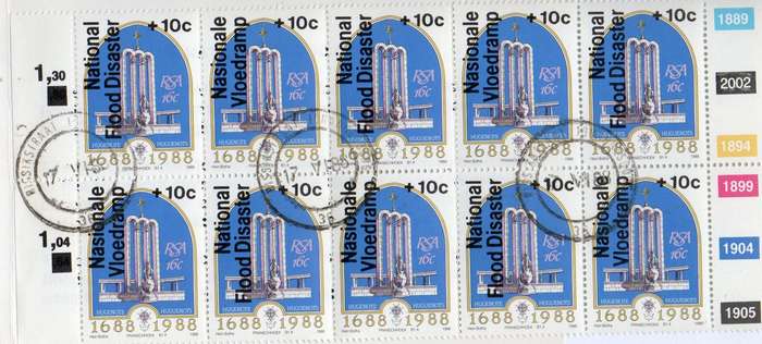 South Africa 1988 National Flood Disaster R2.60 booklet, 10 stamps c.t.o. RISSIKSTRAAT 17 VI 88 cds