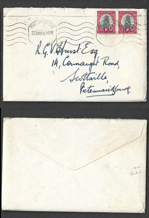 South Africa, pair of 1d, PORT SHEPSTONE 27 JAN 55cds>Pietermaritzburg. Letter ref Governor General.