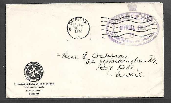 South Africa DEPARTMENT OF DEFENCE ST. JOHN VOLUNTARY AID DETACHMENT OFFICIAL FREE 5, 1951
