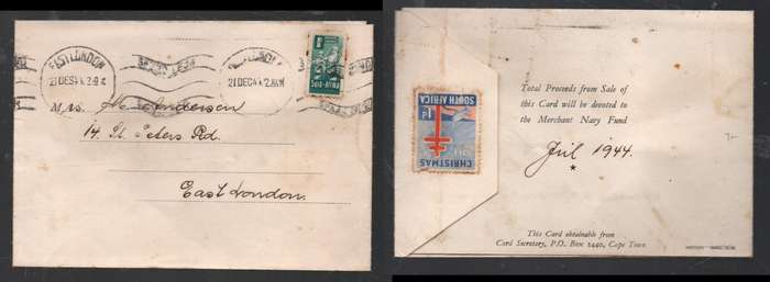South Africa Merchant Navy Fund Xmas Card, used 1/2d EAST LONDON 21 DEC 44cds, 1d anti TB seal