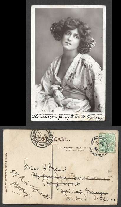 . Gabrielle Ray, used UK 1/2d, NEWCASTLE ON TYNE MY 18 09 > PIETERMARITZBURG NATAL