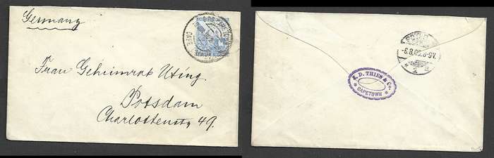 CoGH, 2 1/2d, GPO CAPE TOWN CAPE COLONY 18 JUL ?? cds > POTSDAM 6.8.??arrvial cds