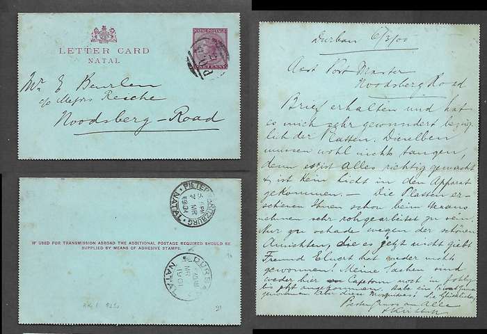 Natal 1d letter card 1900, used P.O.A.3barred circle & DURBAN cds > Noodsburg Road PIETERMARITZBURG