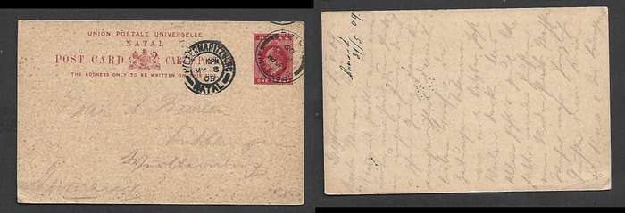 Natal EVIIR 1d post card, used GREYTOWN  NATAL MY 8 09 cds > Germany PIETERMARITZBURG transit