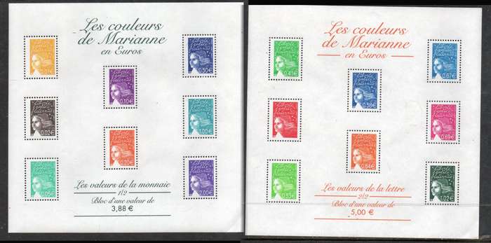 France, 2002, sheetlets, Les Colours de Marianne, Euros 3.88 & Euros 5.00, MNH **