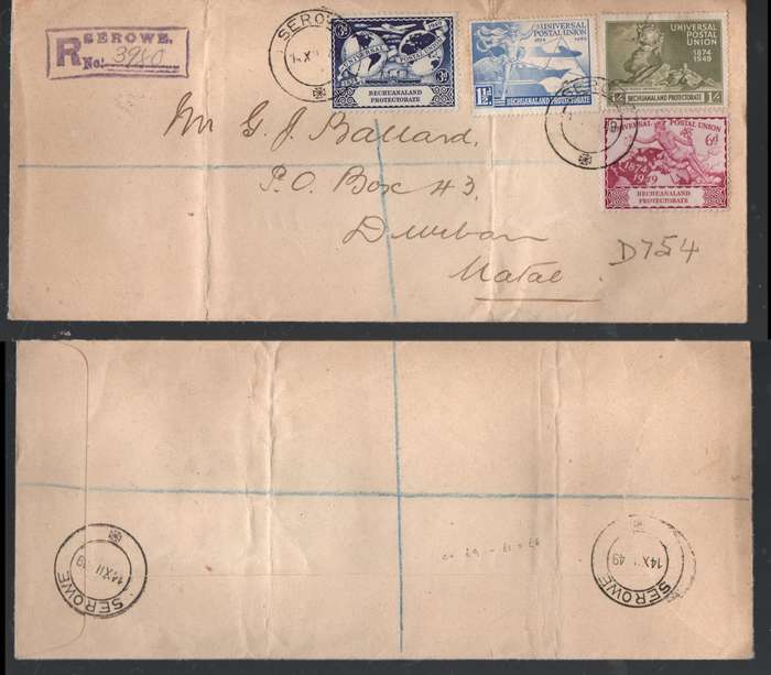 Bechuanaland cover U.P.U. set, registered SEROWE 14 XII 49> Durban
