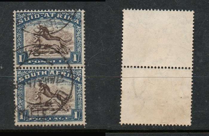 South Africa, 1939, 1/-, gnu, vertical pair, used DURBAN cds