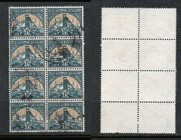 South Africa, 1941, 1 1/2d gold mine, medium size, block of 4 pairs, cds used