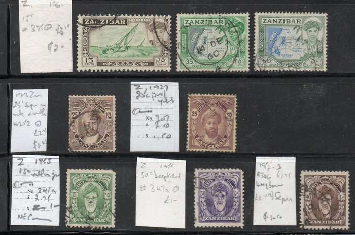 Zanzibar, 8 stamps 1913 - 1960, low denomination, low catalogue value, used