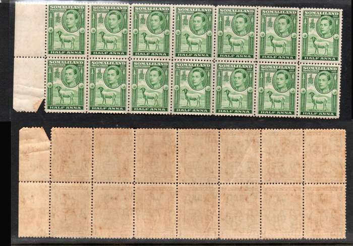Somaliland, GVIR 1938, 1/2 anna, green, blackface sheep, block of 14, MNH ** gum tone