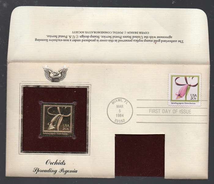 U.S.A., Orchids Spreading Pogonia, gold stamp replica, MIAMI FL MAR 5 1984 FIRST DAY