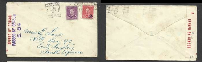 Australia 4 1/2d SYDNEY 21 DEC 1941> S.Africa  OPENED BY CENSOR, PASSED BY CENSOR S.84 violet h/s