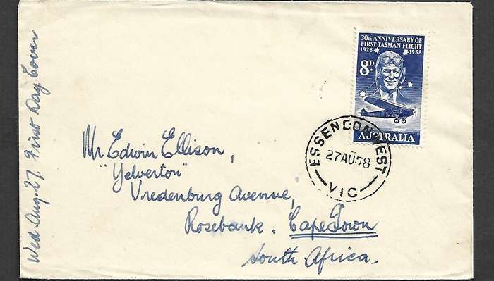 Australia, 30th Anniversary of 1st Tasman Flight, 8d, ESSENDONWEST VIC 27 AU 58,cds, > South Africa
