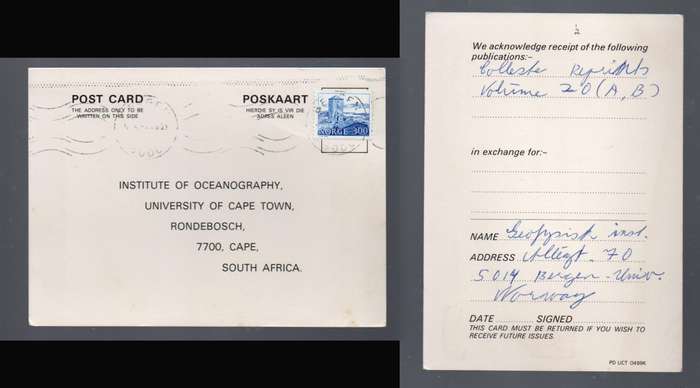 Norway , card, air mail, 3.00, > Oceanography, U.C.T. S.Africa