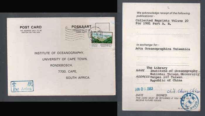 Taiwan , card, air mail, 9.00, TAIPEI 20.8.83 5cds> Oceanography, U.C.T. S.Africa