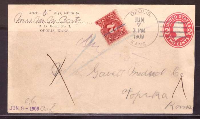 USA 1909 Cover from Opolis Kans. too Topaka ??