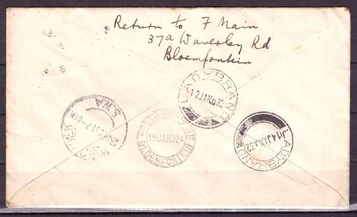 UNION  of South Africa.  Airmail from Bloemfontein to England 1932 . Cover.