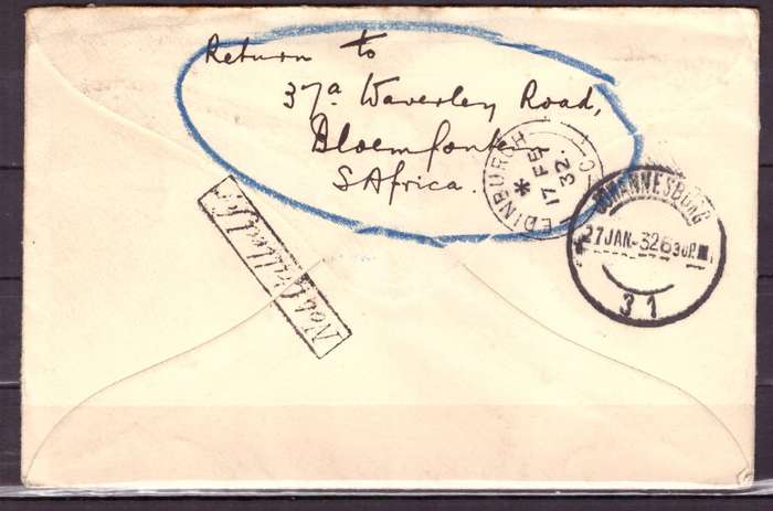 UNION  of South Africa.  Airmail from Bloemfontein to Scotland 1932 . Cover.