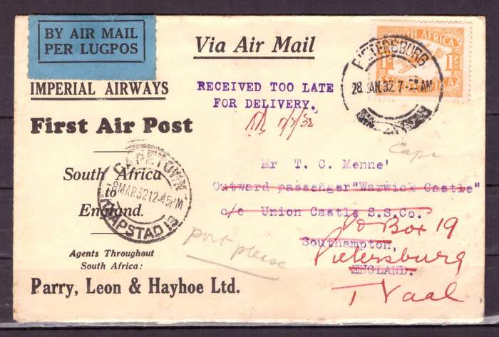 UNION  of South Africa.   Pietersburg to England 1932 . Cover.