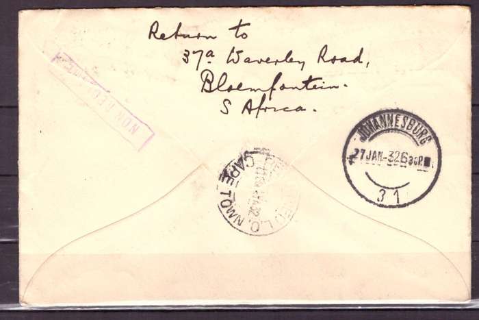 UNION  of South Africa.  Airmail from Bloemfontein to England 1932 . Cover.