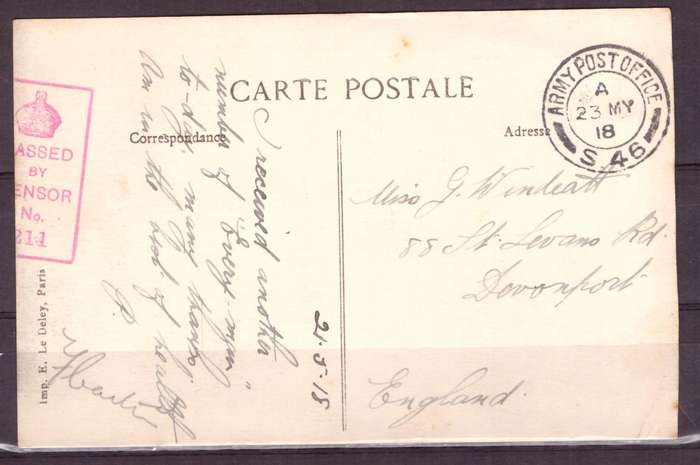 Post Cart from IWW {France} . ARMY POST OFFICE and CENSOR