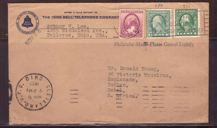 USA 1936 Cover from Ceveland too Durban SA. Coil Stamps..