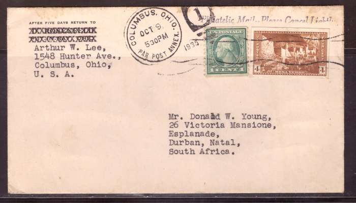 USA 1935 Cover from Columbus too Durban  SA. Coil stamps. and inperf.