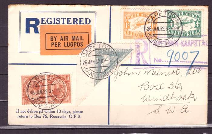 UNION  of South Africa.  Airmails from Cap Town to SWA 1932 . Beautiful Cover.