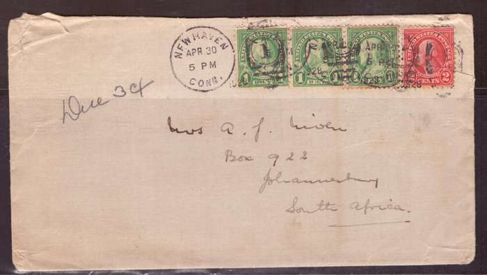 USA 1928 Cover from New Haven too Johannesberg