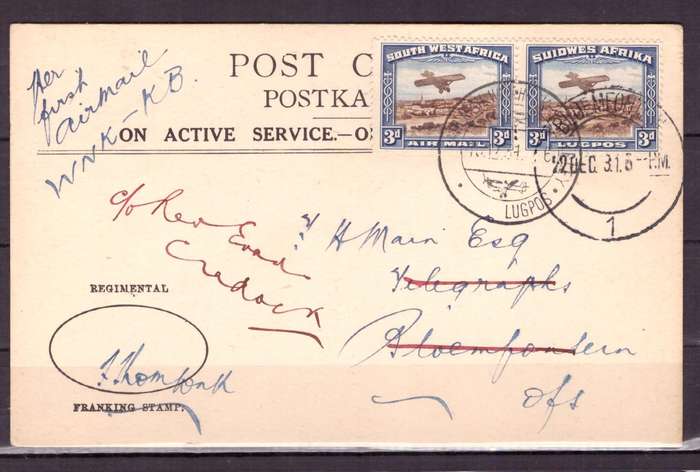 UNION  of South Africa.  Airmails post card SWA to Bloemfontein 1931 .
