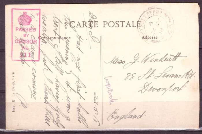 Post Cart from IWW {France} . ARMY POST OFFICE and CENSOR