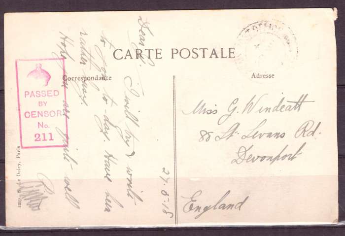 Post Cart from IWW {France} . ARMY POST OFFICE and CENSOR
