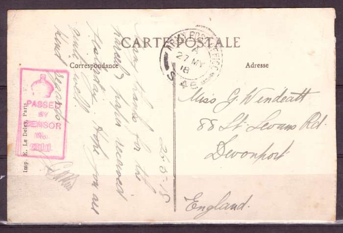 Post Cart from IWW {France} . ARMY POST OFFICE and CENSOR