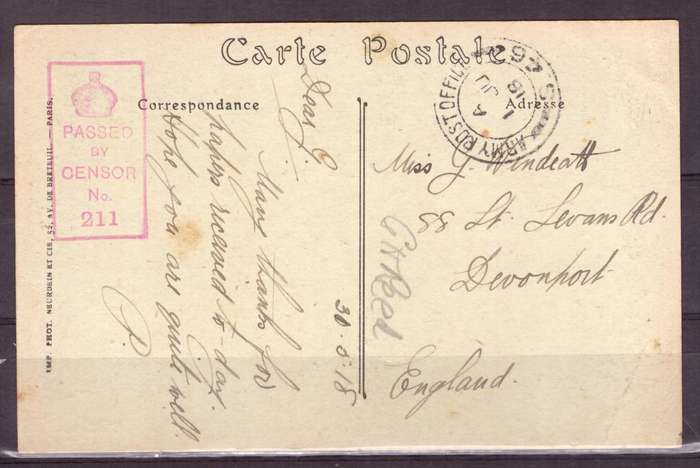 Post Cart from IWW {France} . ARMY POST OFFICE and CENSOR