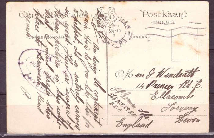 Post Cart from IWW {Belgium} . ARMY POST OFFICE and CENSOR