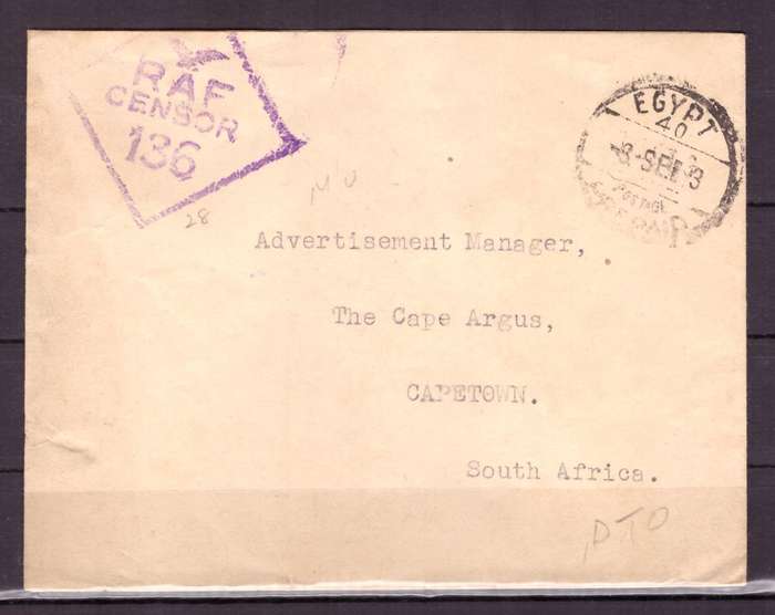 UNION  of South Africa. South African Army Post Offices in Egypt World War II