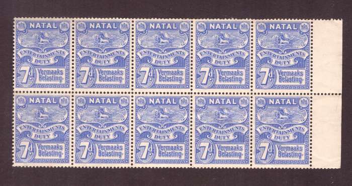 UNION 0f South Africa 1945  issue, Natal Rervenue. 7d block of 10 very rare. Berefoot cat. #45