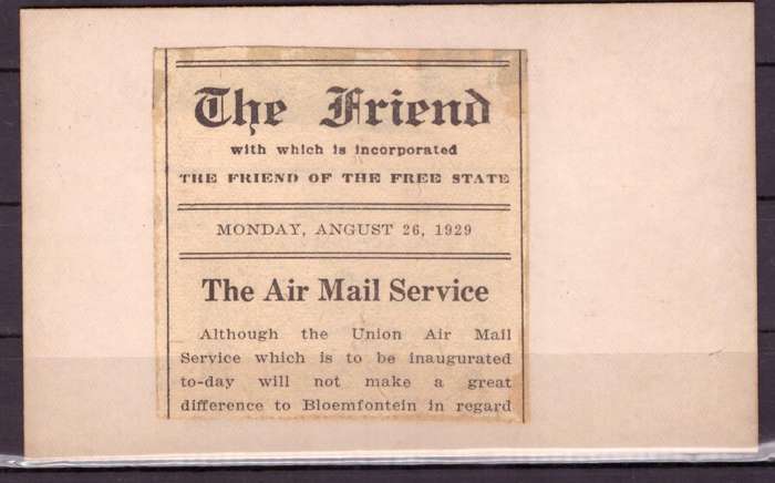 UNION  of South Africa. First Airmail from Bloemfontein to Johannesburg 1929.