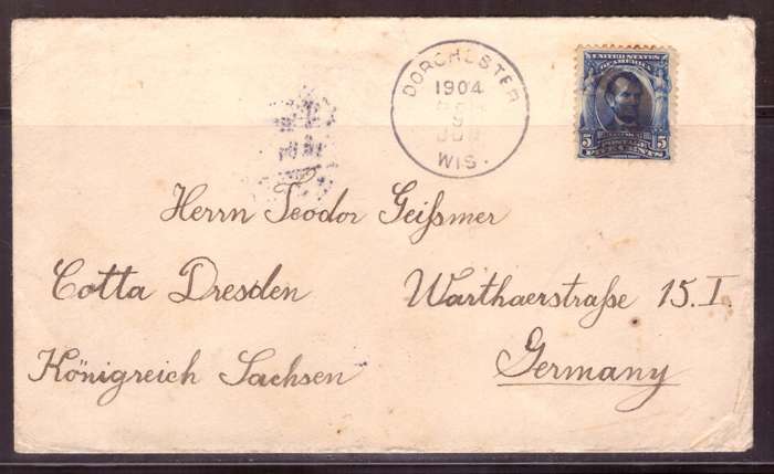 USA 1904 Cover from Dorchester to Dresden  Germany.