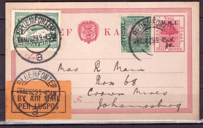 UNION  of South Africa. First Airmail from Bloemfontein to Johannesburg 1929.
