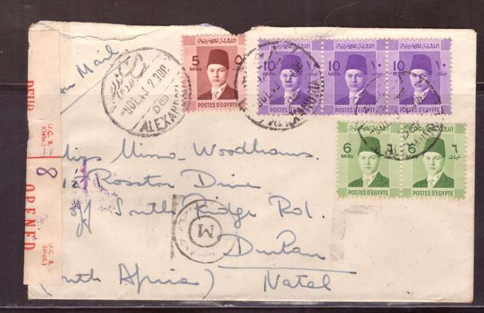 Egypt . Cover 1943 from Alexandria too Durban .Nice dabel Censor.