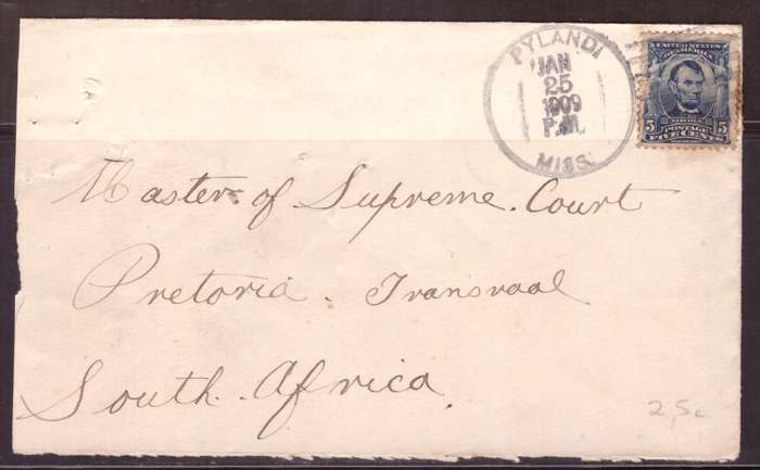 USA 1909 Cover from Pylandi USA. too Pretoria South Africa.