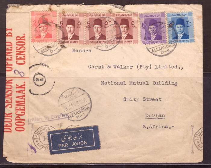 Egypt . Cover 1944 from Alexandria too Durban .Nice dabel Censor.