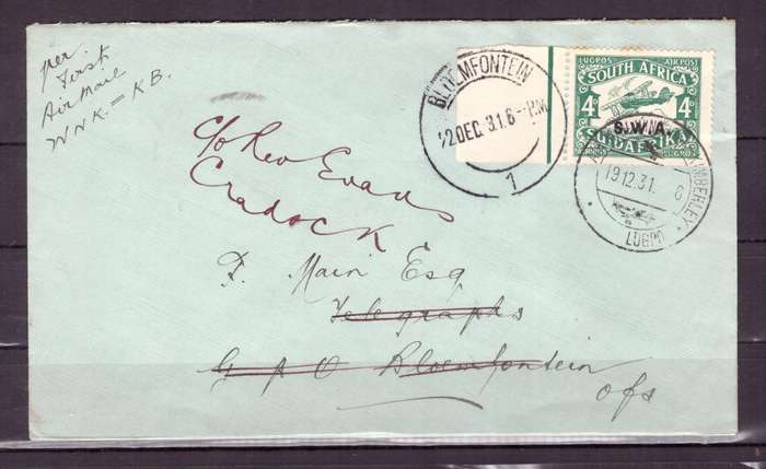 UNION  of South Africa.  Airmail from SWA to Bloemfontein 1931. Cover.