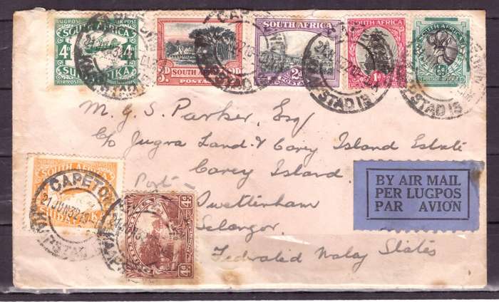 UNION of South AFRICA.  1932  From Cape Town to Selangor via Egypt.