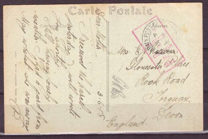 Post Cart from IWW {France} . ARMY POST OFFICE and CENSOR