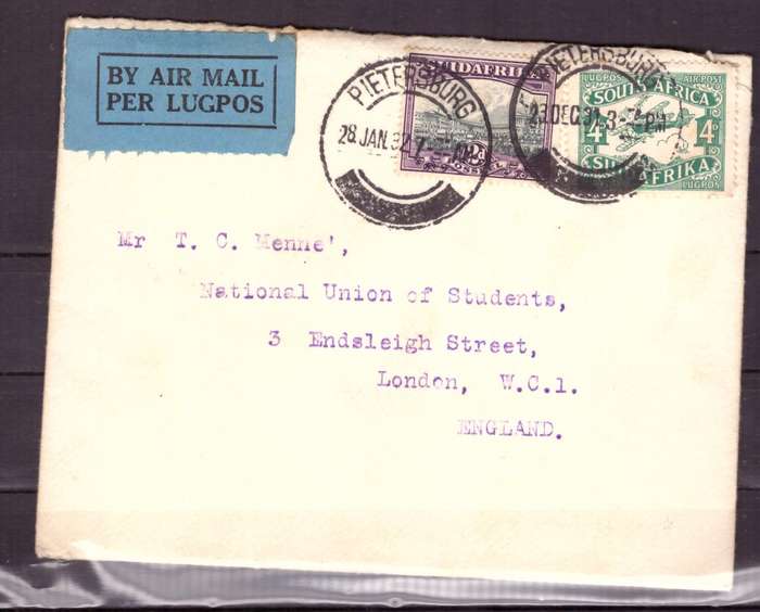 UNION  of South Africa.  Airmail from Pietersburg to London 1932. Cover.